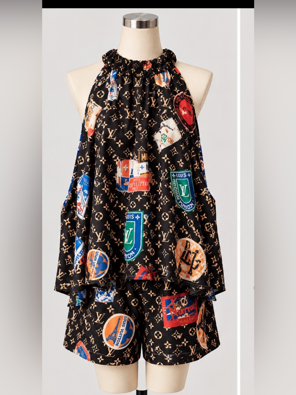 New FASHION outfit Black Logo Print Halter Skirt